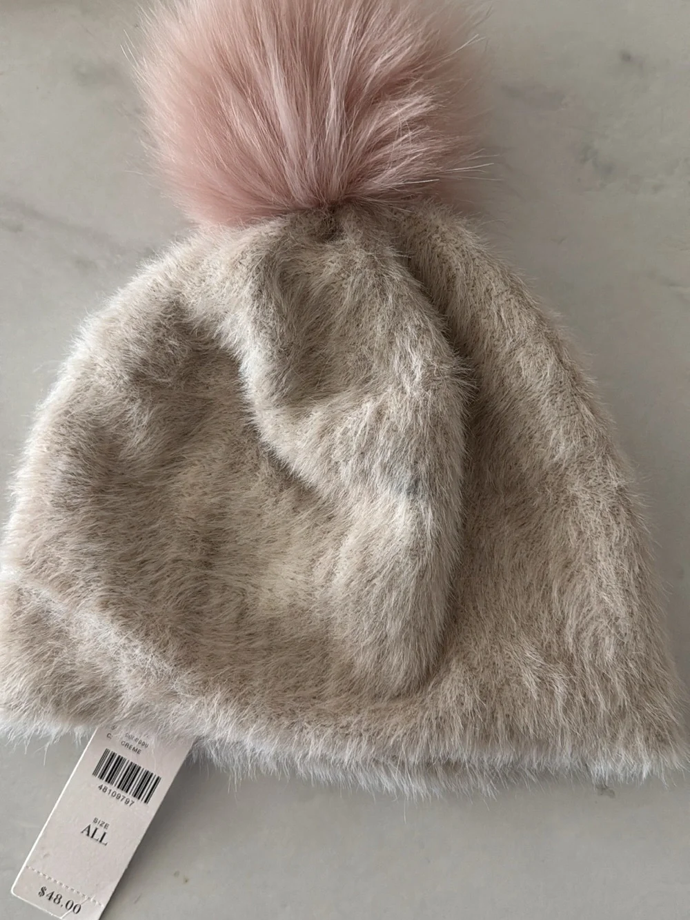 Anthropologie Cream Fuzzy Beanie with Pink Pom